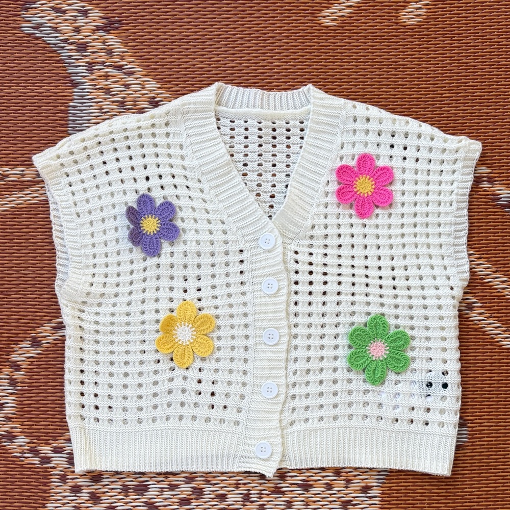 Cream Crochet Button Vest with Colorful Floral Appliqués
